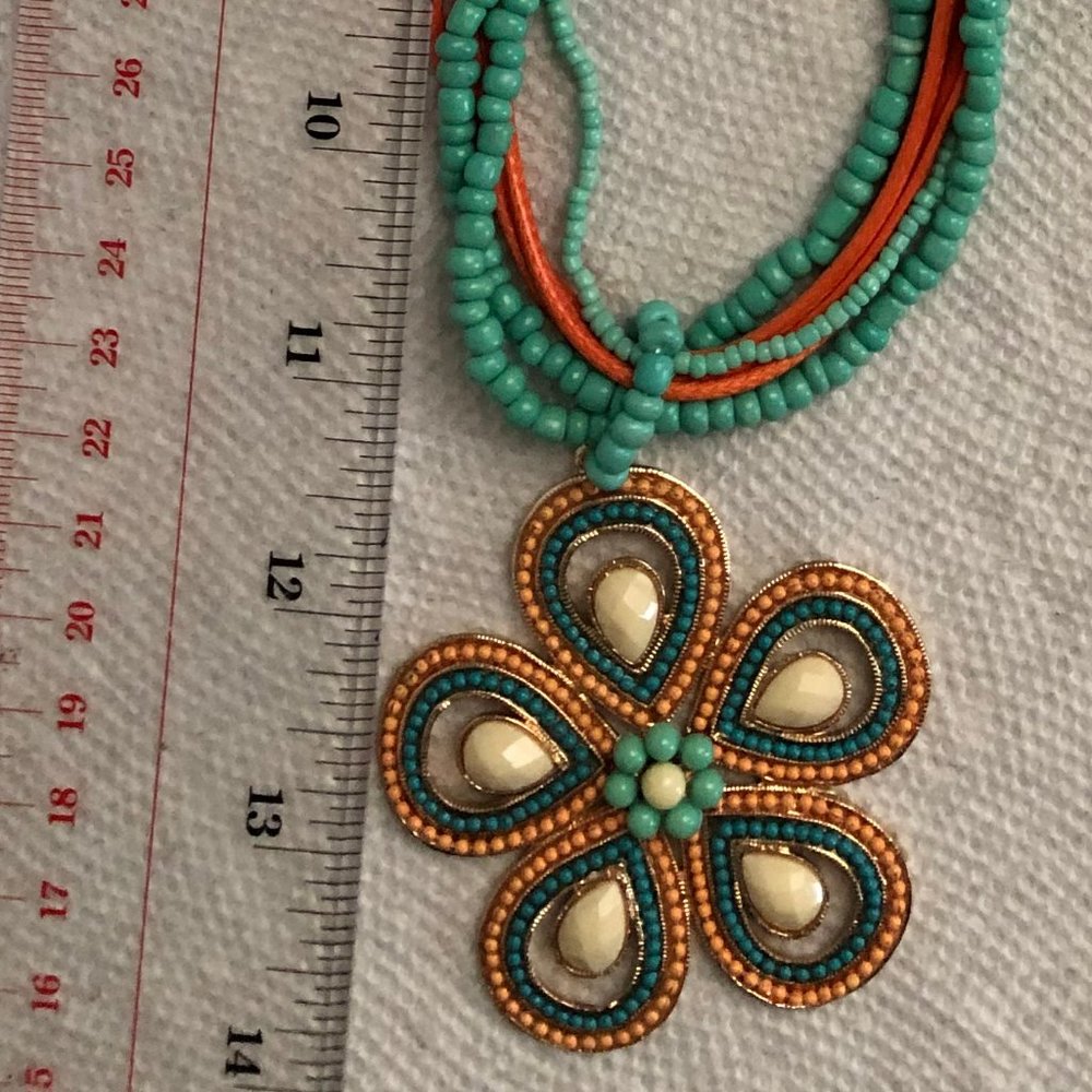 Women's necklace 17" multi-strands beaded with metal and beaded pendant